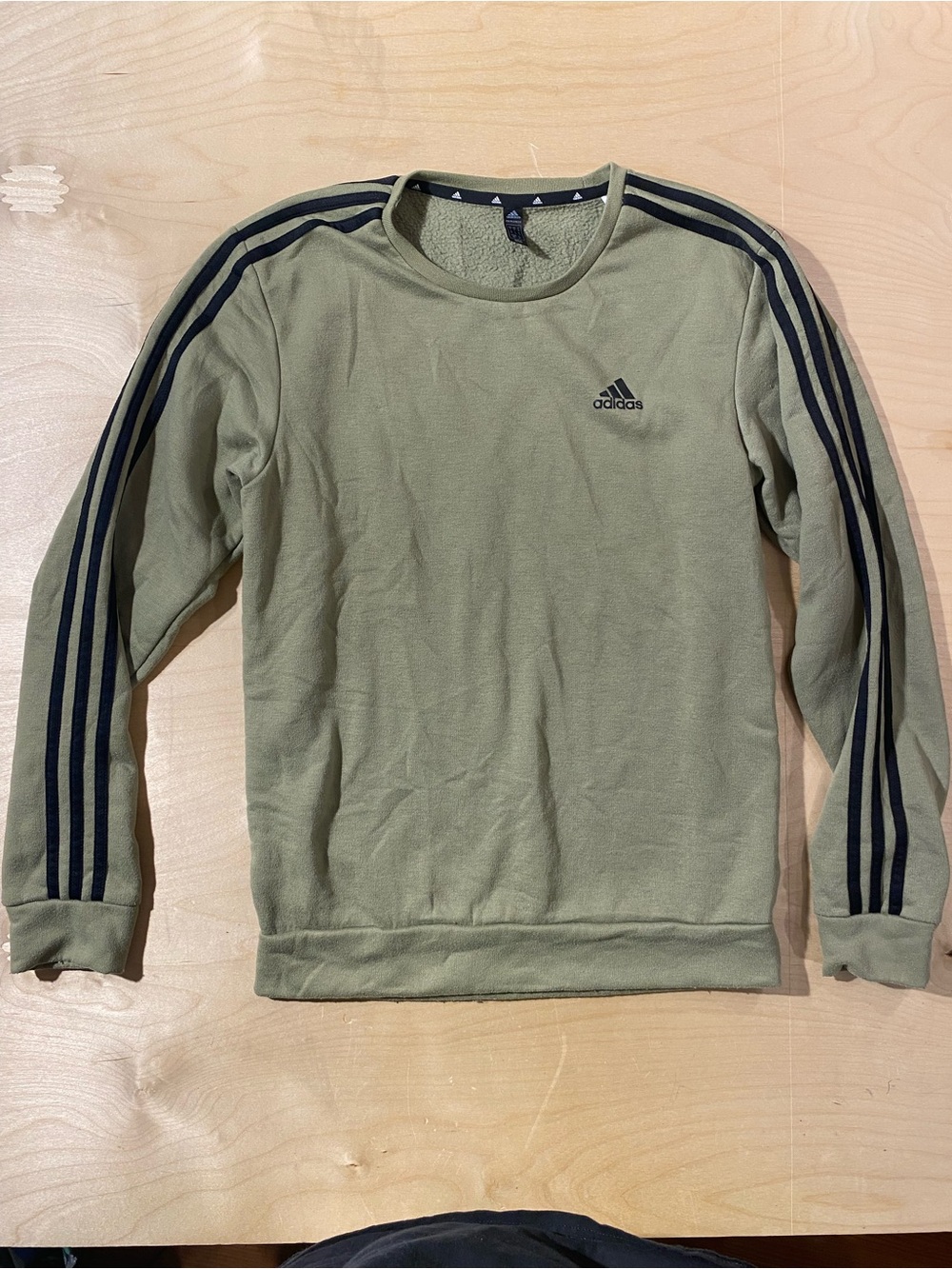 adidas Olive Green Crewneck with Black Three-Stripe Detail Small (Y)